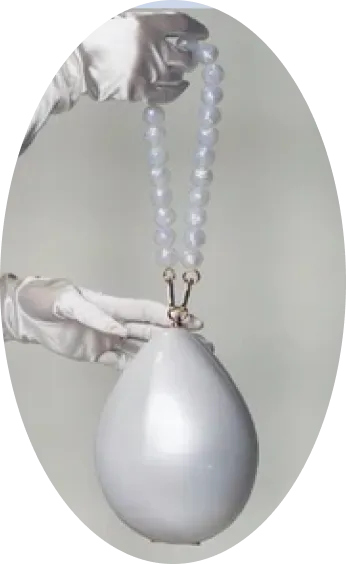 Gloved hands holding a pearl-handled silver egg bag
